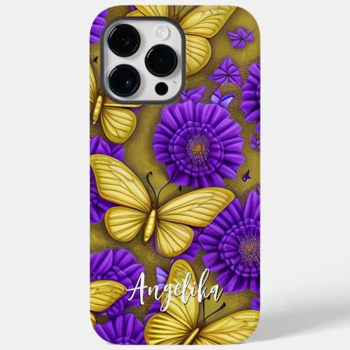 Gold Butterflies Purple Flowers Personalized Name Case_Mate iPhone 14 Pro Max Case