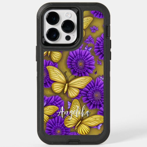 Gold Butterflies Purple Flowers Personalized Name OtterBox iPhone 14 Pro Max Case