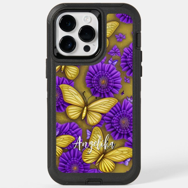 Gold Butterflies Purple Flowers Personalized Name Otterbox iPhone Case (Back)