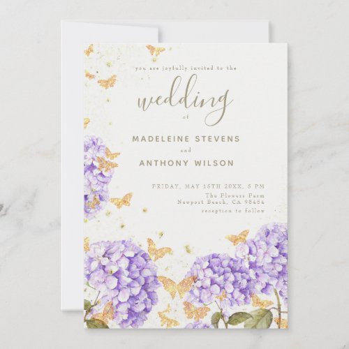 Gold Butterflies Purple Hydrangea Rustic Wedding Invitation