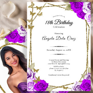 Gold Butterflies Purple Roses 18th Debut Birthday Invitation