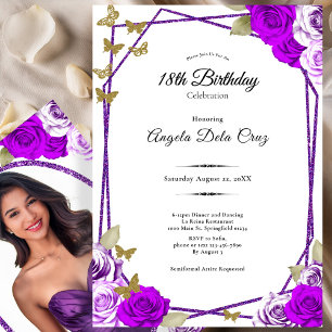 Gold Butterflies Purple Roses 18th Debut Birthday Invitation