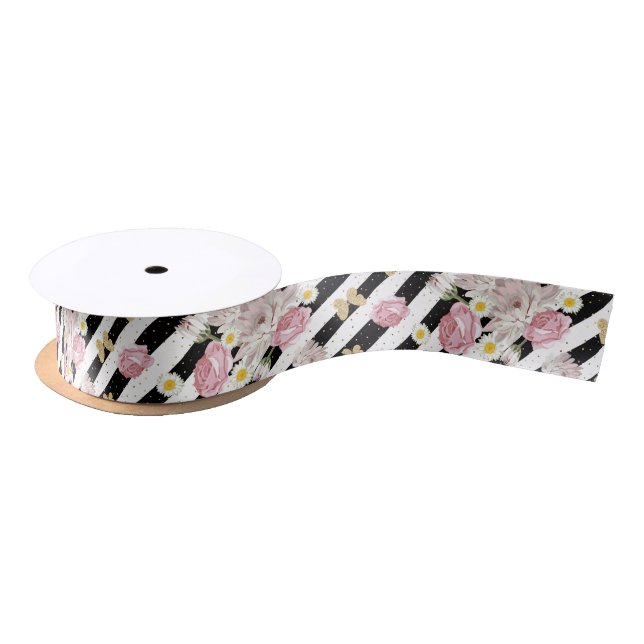 Gold Butterflies, Roses Daisies Black White Stripe Satin Ribbon (Spool)