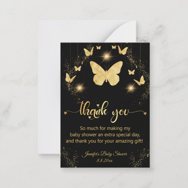  gold butterflies sparkles thank you baby shower  note card (Front)