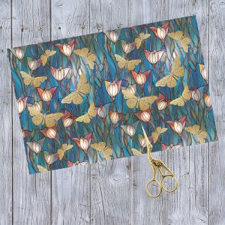 Gold Butterflies Stained Glass Art Noveau Flowers