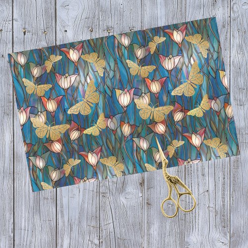 Gold Butterflies Stained Glass Art Noveau Flowers Tissue Paper