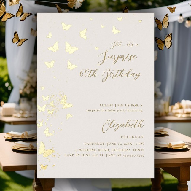 Gold Butterflies Surprise Elegant Birthday Party Foil Invitation (50th surprise party invitations for women gold foil butterflies garden backyard chic modern elegant)