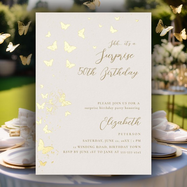 Gold Butterflies Surprise Party Gold 50th Birthday Foil Invitation (50th surprise party invitations for women gold foil butterflies modern elegant classy chic garden)