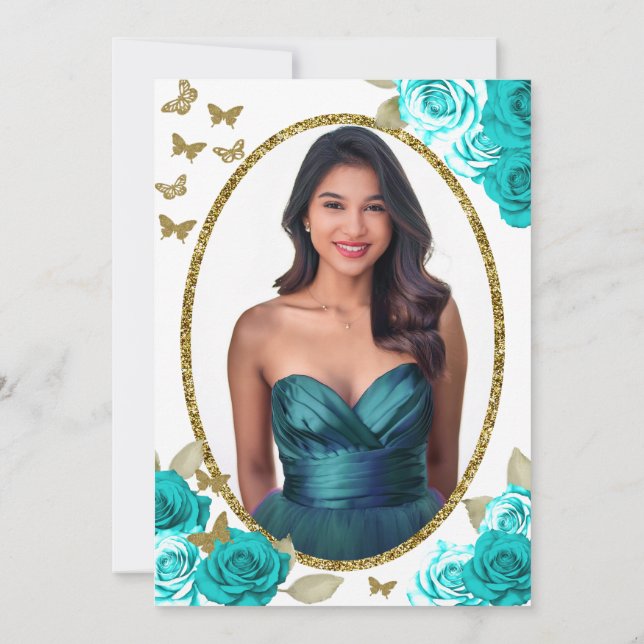 Gold Butterflies Teal Roses 18th Debut Birthday Invitation | Zazzle