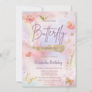 Gold Butterflies Watercolor Rainbow Birthday  Invitation