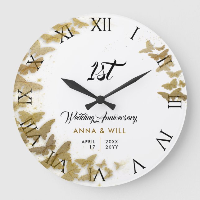 Gold Butterflies Wreath Boho Wedding Anniversary Large Clock (Front)