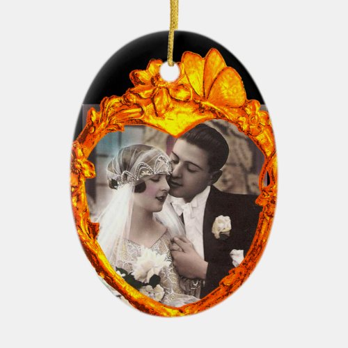 GOLD BUTTERFLY AND FLOWERS  HEART PHOTO TEMPLATE CERAMIC ORNAMENT