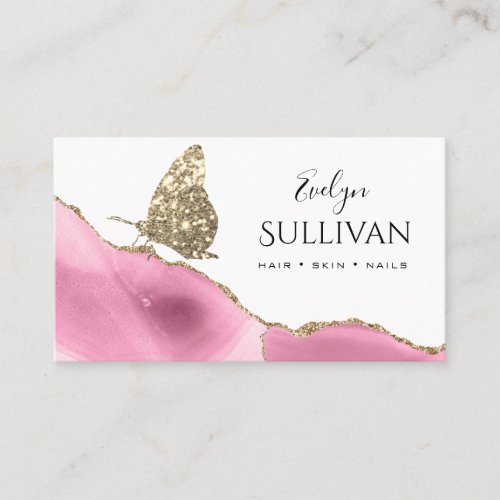 gold butterfly and pink agate business card