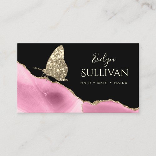 gold butterfly and pink agate on black business card