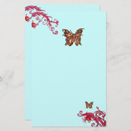 GOLD BUTTERFLY AND RED BERRIES Teal Blue Floral Stationery