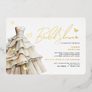 Gold Butterfly Beige Wedding Dress Bridal Shower Foil Invitation