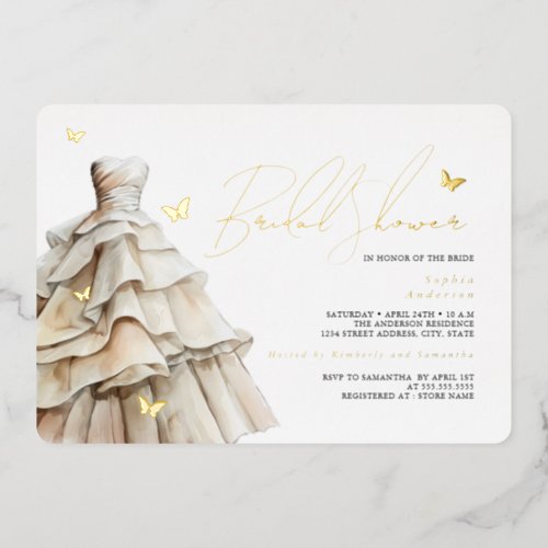 Gold Butterfly Beige Wedding Dress Bridal Shower  Foil Invitation