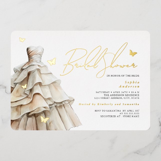 Gold Butterfly Beige Wedding Dress Bridal Shower  Foil Invitation (Front)