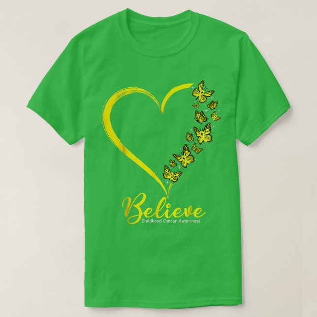 Gold Butterfly Believe Childhood Cancer Awareness  T-Shirt (Design Front)