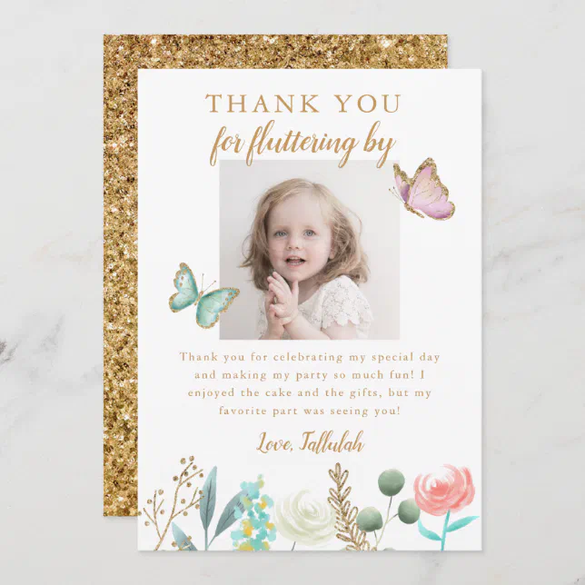 Gold Butterfly Birthday Party Photo Thank You Card | Zazzle