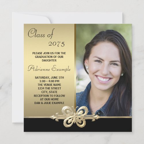 Gold Butterfly Black and Gold Photo Graduation Invite