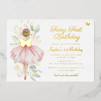 Gold Butterfly Blush Fairy First 1st Birthday Foil Invitation