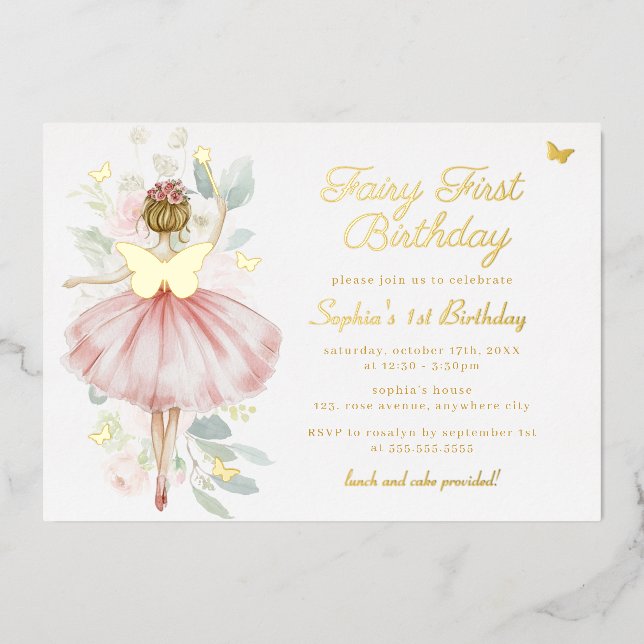 Gold Butterfly Blush Fairy First 1st Birthday Foil Invitation (Front)
