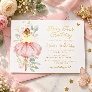 Gold Butterfly Blush Fairy First 1st Birthday Foil Invitation