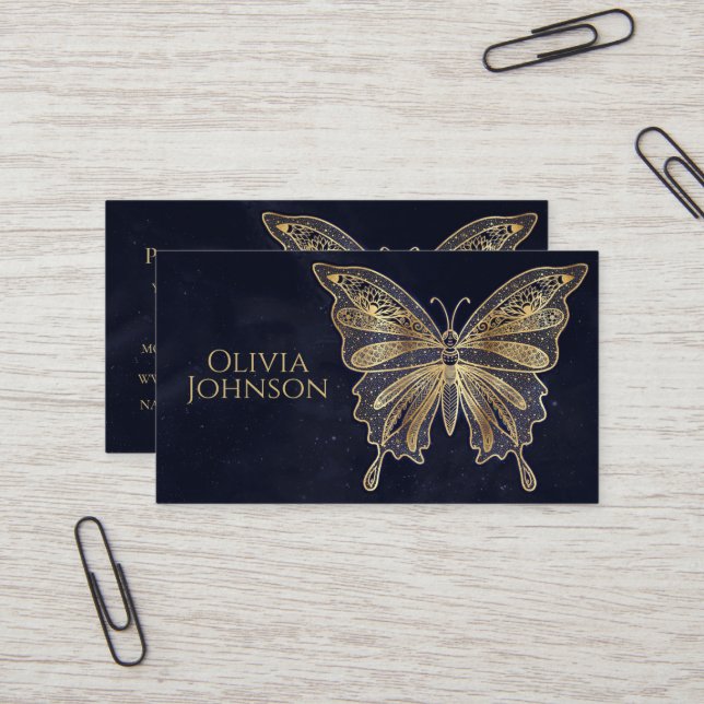 Gold Butterfly Celestial Aesthetic Business Card (Front/Back In Situ)