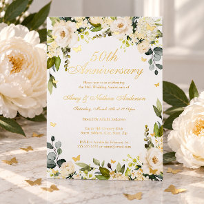 Gold Butterfly Champagne 50th Wedding Anniversary  Foil Invitation