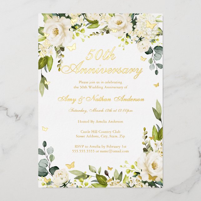 Gold Butterfly Champagne 50th Wedding Anniversary  Foil Invitation (Front)
