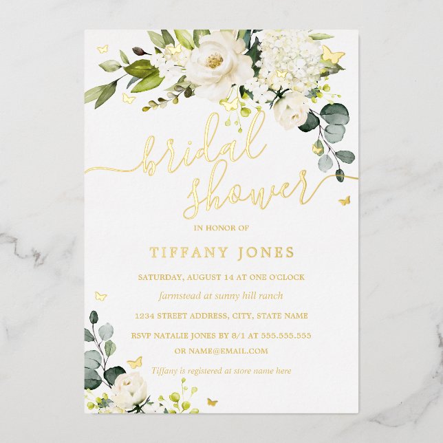 Gold Butterfly Champagne Floral Bridal Shower  Foil Invitation (Front)
