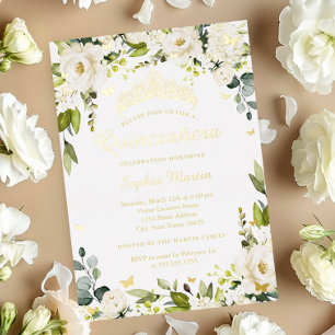 Gold Butterfly Champagne Floral Quinceanera Foil Invitation