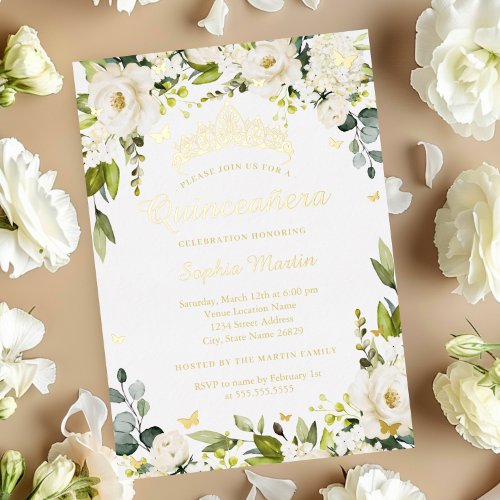 Gold Butterfly Champagne Floral Quinceanera   Foil Invitation