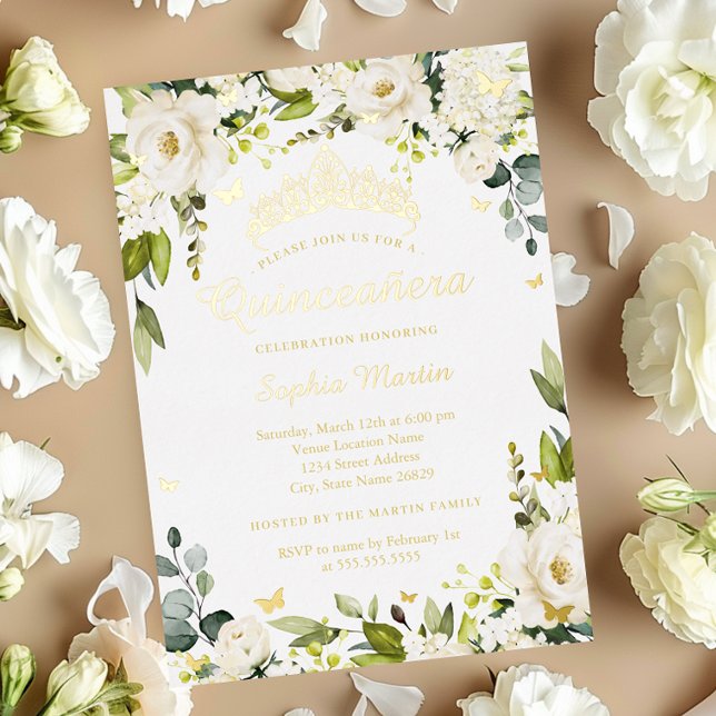 Gold Butterfly Champagne Floral Quinceanera   Foil Invitation (Creator Uploaded)