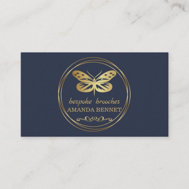 Gold butterfly, circle frame designer business card (Front)
