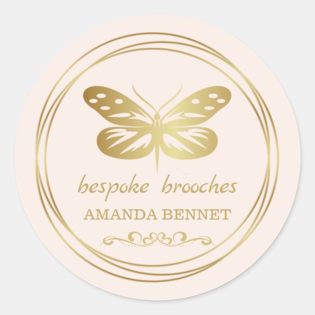 Gold butterfly, circle frame designer classic round sticker (Front)