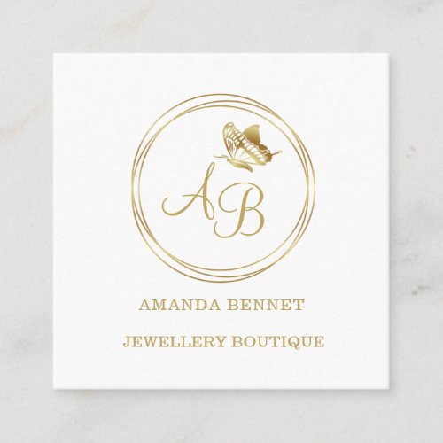 Gold butterfly circle frame feminine monogram square business card