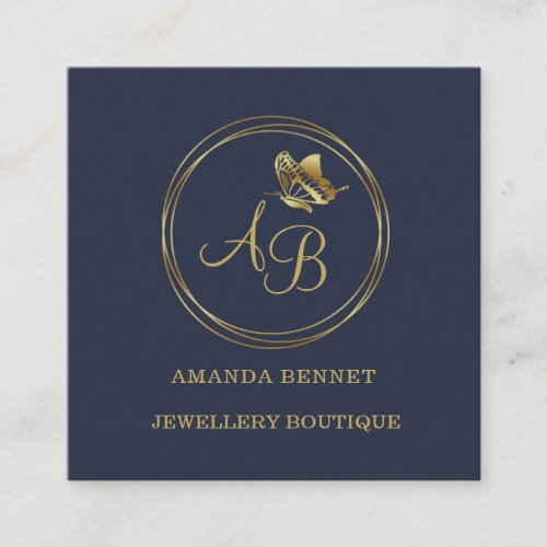 Gold butterfly circle frame feminine monogram square business card