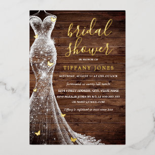 Gold Butterfly Dress Rustic Bridal Shower  Foil Invitation