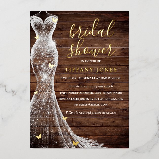 Gold Butterfly Dress Rustic Bridal Shower  Foil Invitation (Front)