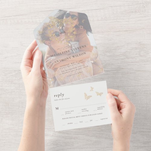 Gold Butterfly Elegant Romantic Photo One Wedding All In One Invitation