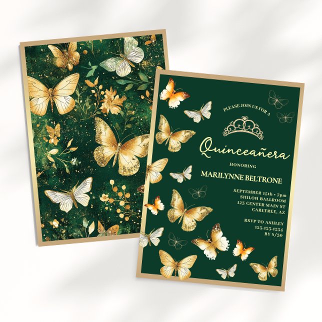 Gold Butterfly Emerald Green Quinceañera Invitation (Creator Uploaded)