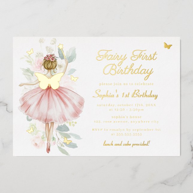 Gold Butterfly Fairy First 1st Birthday Foil Invitation (Front)