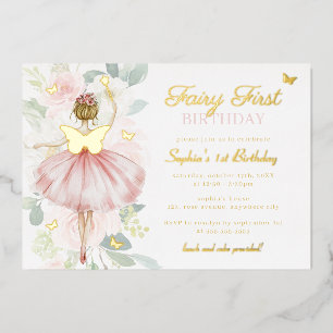 Gold Butterfly Fairy First 1st Birthday  Foil Invitation