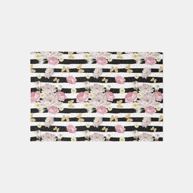 Gold Butterfly Floral Black White Stripes Pattern Rug (Front)