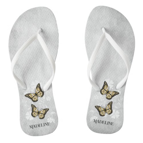 Gold Butterfly Floral Flip Flops