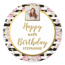 Gold Butterfly Floral Pattern Happy Birthday Photo