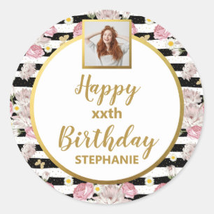 Gold Butterfly Floral Pattern Happy Birthday Photo Classic Round Sticker
