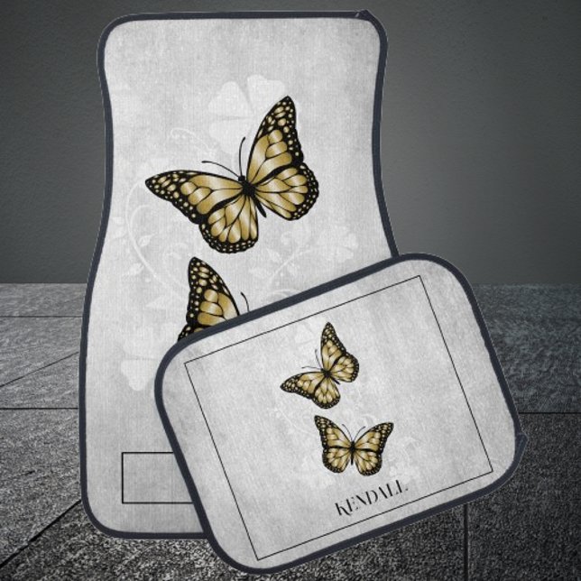 Gold Butterfly Floral Personalized Car Floor Mat (Gold Butterfly Floral Personalized Car Mats)
